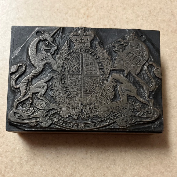Antique William IV Royal British Hanover Coat Arms Engraved Print Block / Stamp